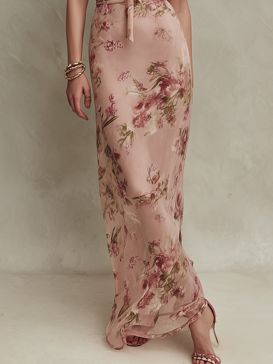 Lia - Maxi Vestido de Chiffon Floral Elegante con Escote de Ojo de Cerradura
