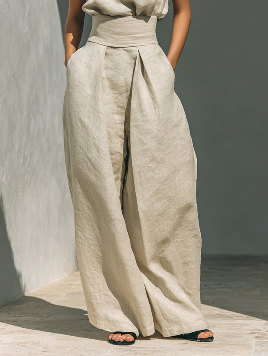 Aurora | Conjunto Coordinado Beige Relajado Sin Mangas con Pantalón Ancho