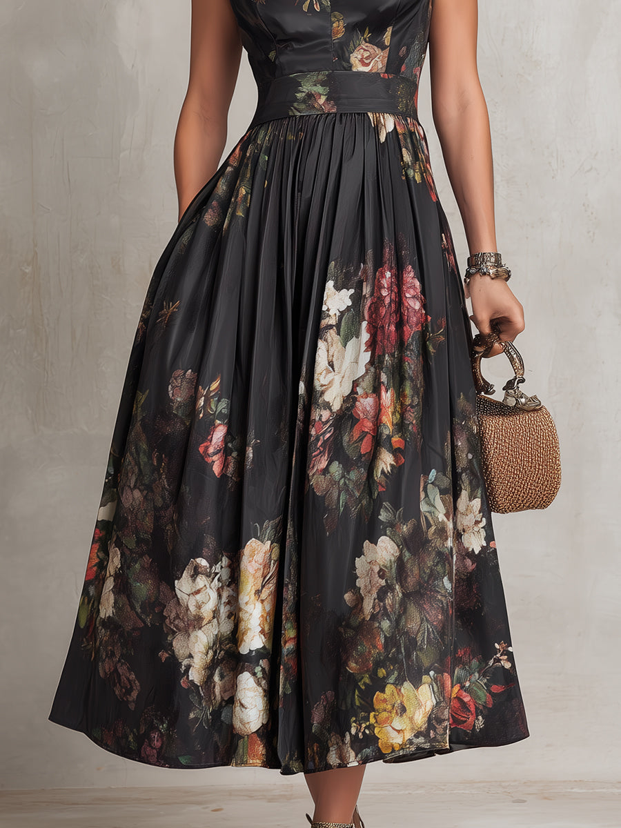Violetta - Vestido Midi de Satén Plisado Negro con Estampado Floral y Escote de Ojo de Cerradura