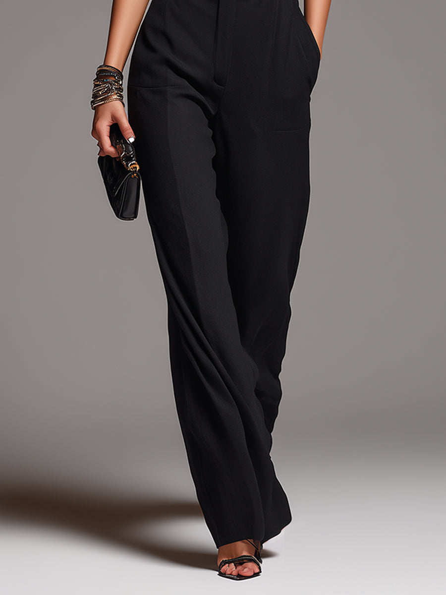 Conjunto de Blusa de Chiffon Negro con Mangas de Volantes y Pantalón Ancho de Cintura Alta