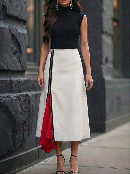 Conjunto de Top Cuello Semi-Alto y Falda Asimétrica con Cremallera