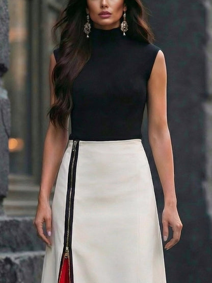 Conjunto de Top Cuello Semi-Alto y Falda Asimétrica con Cremallera