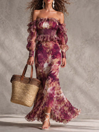 Maxi Vestido de Chiffon Rosa con Estampado Floral y Hombros Descubiertos