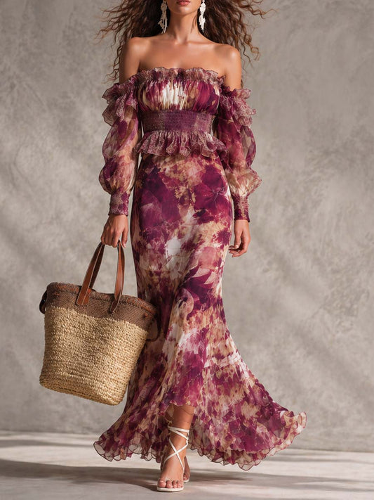 Maxi Vestido de Chiffon Rosa con Estampado Floral y Hombros Descubiertos