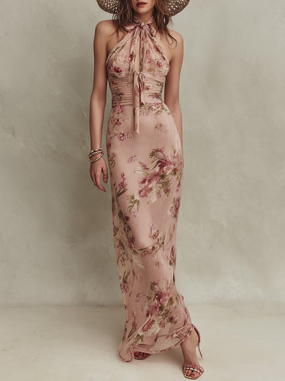 Lia - Maxi Vestido de Chiffon Floral Elegante con Escote de Ojo de Cerradura