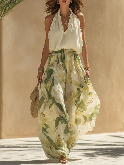 Alessandra - Top de Chiffon Sin Mangas con Volantes y Pantalón con Estampado de Lirios