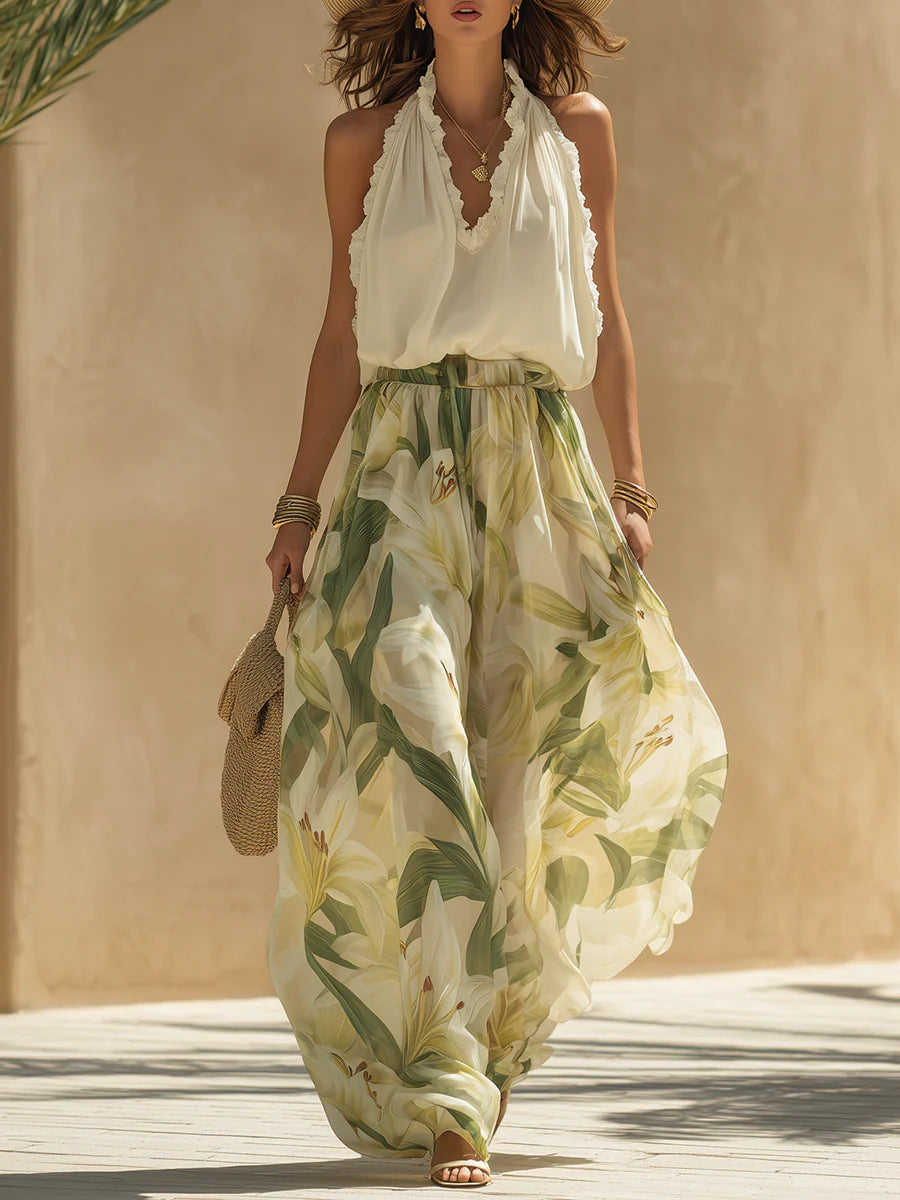Conjunto de Chiffon Sin Mangas con Volantes y Pantalón con Estampado de Lirios