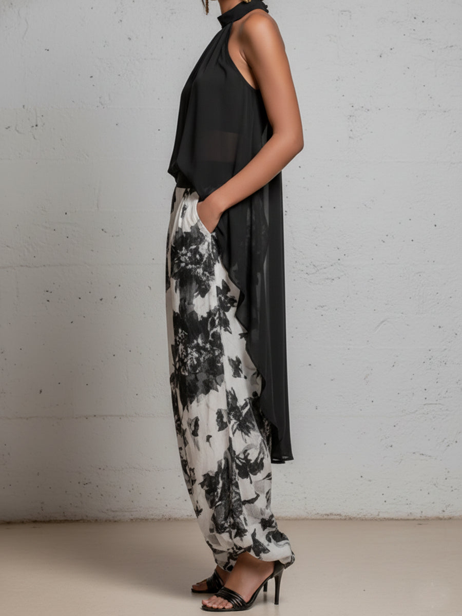 Conjunto Casual Retro de Chiffon con Top Halter y Pantalón Estampado