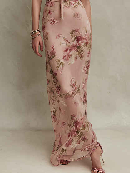 Lia - Maxi Vestido de Chiffon Floral Elegante con Escote de Ojo de Cerradura