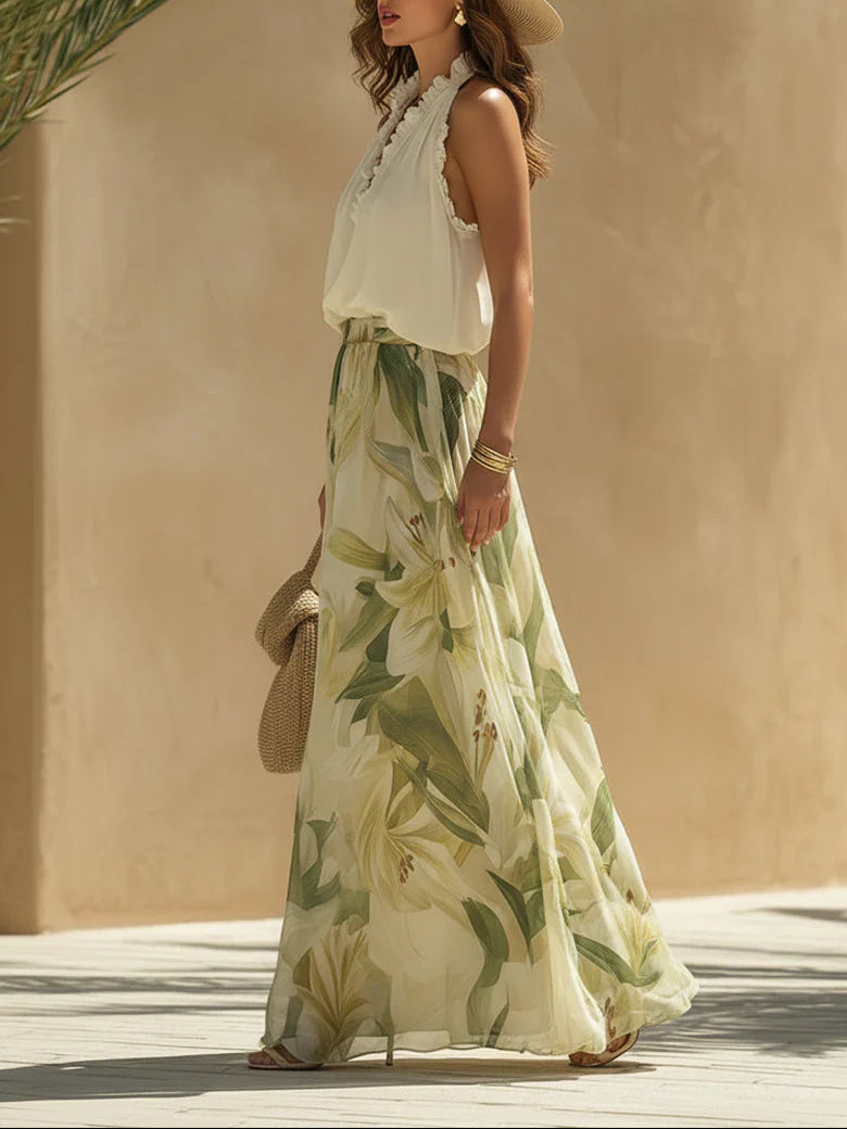 Alessandra - Top de Chiffon Sin Mangas con Volantes y Pantalón con Estampado de Lirios