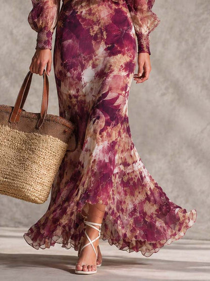 Maxi Vestido de Chiffon Rosa con Estampado Floral y Hombros Descubiertos