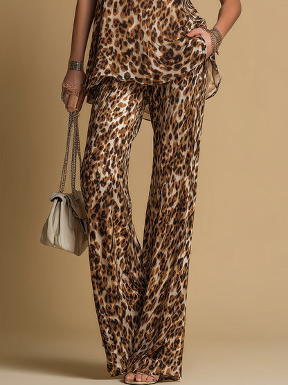 Conjunto Elegante de Chiffon Sin Mangas con Estampado de Leopardo y Pantalón Acampanado