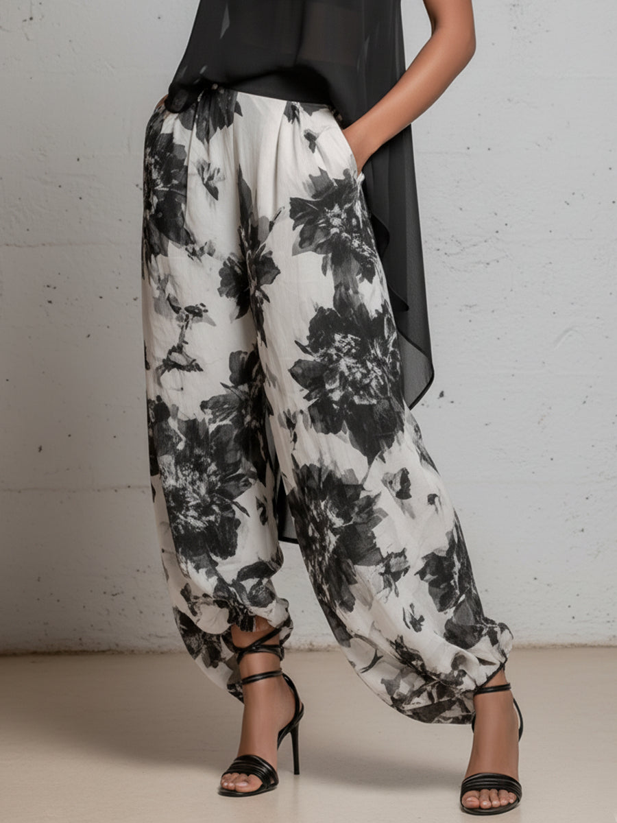 Conjunto Casual Retro de Chiffon con Top Halter y Pantalón Estampado