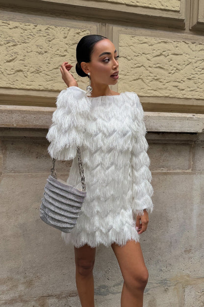 VESTIDO CORTO BLANCO CON FLECOS