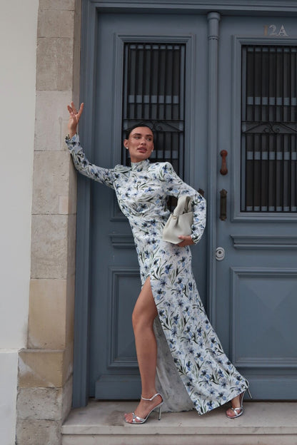 VESTIDO DE LINO FLORAL AZUL