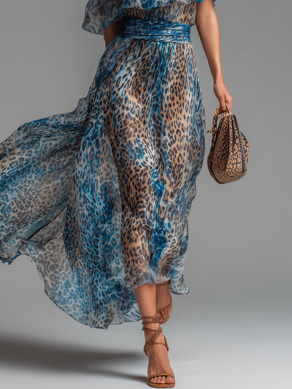 Wild - Vestido Largo de Chiffon con Estampado de Leopardo y Hombros Descubiertos