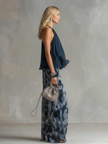 Ludovica | Conjunto Elegante con Top Halter Marino y Pantalón Ancho Estampado
