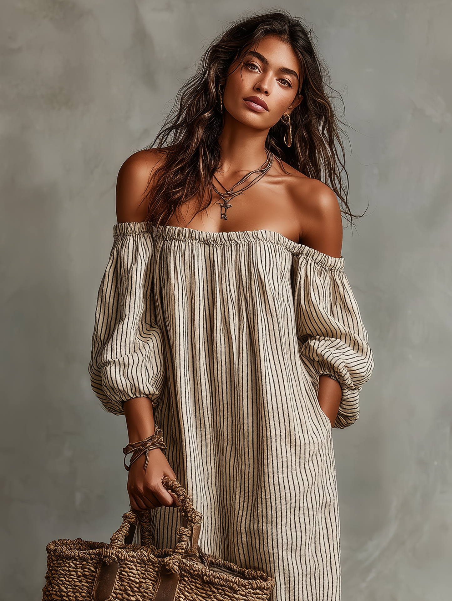 Maxi Vestido de Vacaciones con Hombros Descubiertos y Mangas Largas