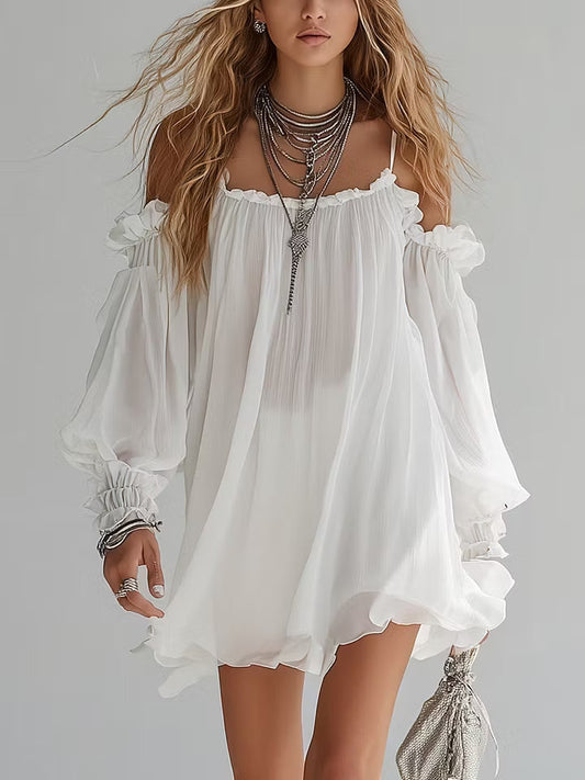 Mini Vestido Boho Fluido con Hombros Descubiertos