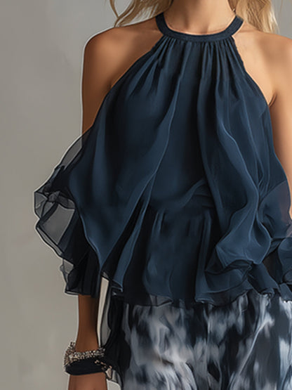 Ludovica | Conjunto Elegante con Top Halter Marino y Pantalón Ancho Estampado