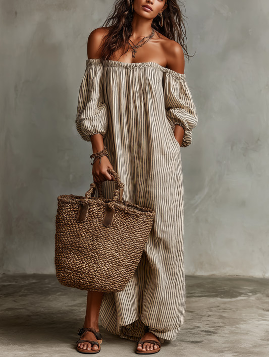 Maxi Vestido de Vacaciones con Hombros Descubiertos y Mangas Largas