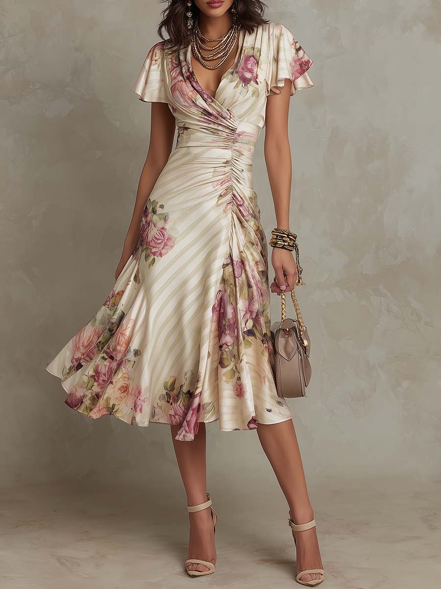 Alba | Vestido Midi Cruzado Floral Elegante con Fruncido