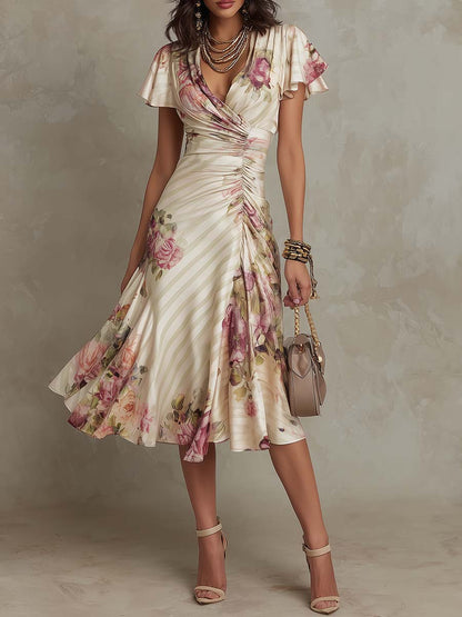Alba | Vestido Midi Cruzado Floral Elegante con Fruncido