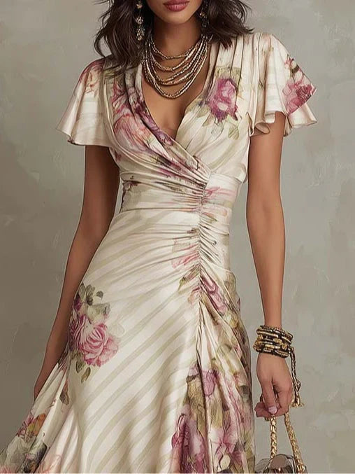 Alba | Vestido Midi Cruzado Floral Elegante con Fruncido
