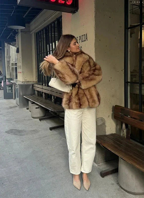 Karina Women's Faux Fur Coat - Timeless, Elegant, Brown