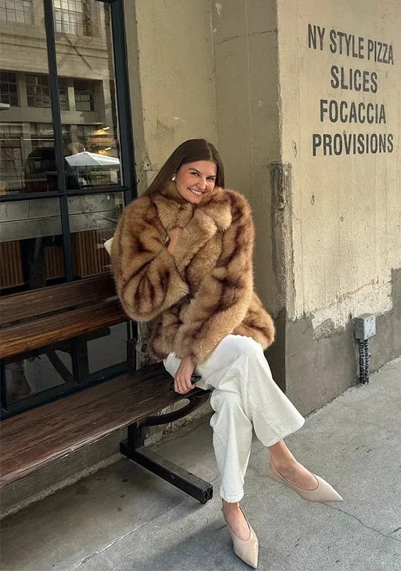 Karina Women's Faux Fur Coat - Timeless, Elegant, Brown