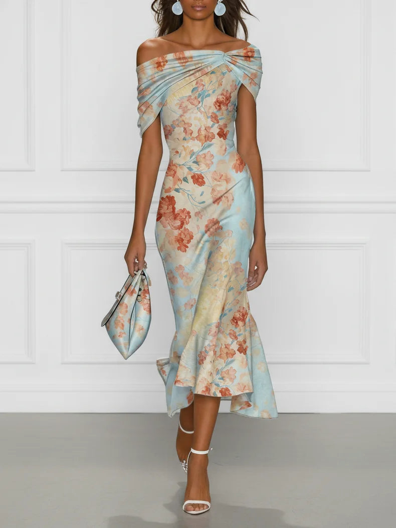 Vittoria - Vestido Midi Sirena Sin Mangas con Hombros Descubiertos y Estampado Floral Azul