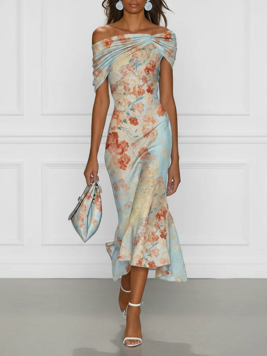 Vittoria - Vestido Midi Sirena Sin Mangas con Hombros Descubiertos y Estampado Floral Azul