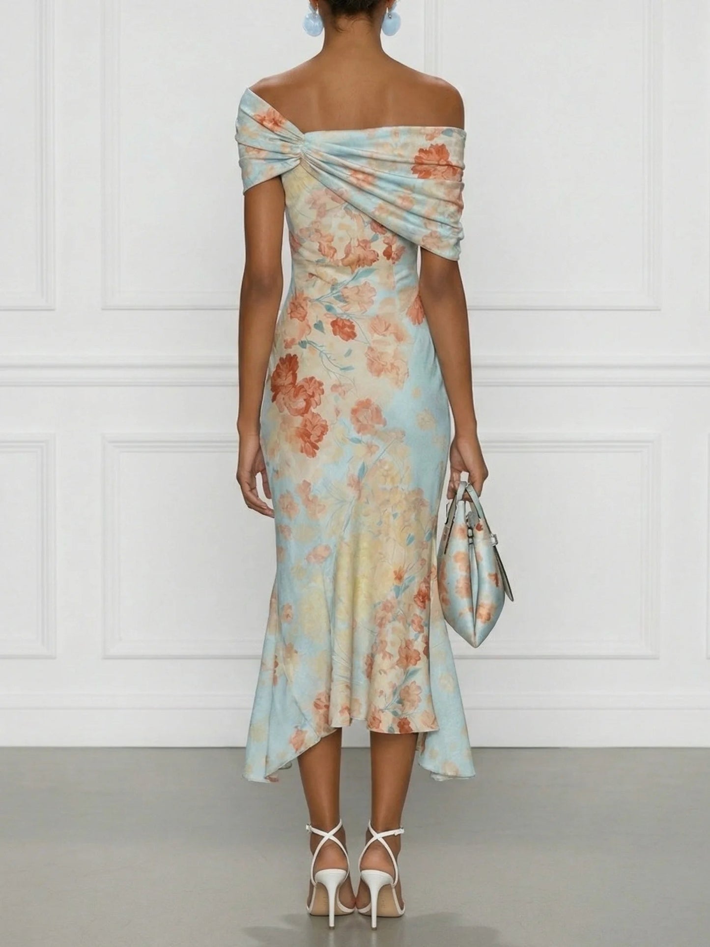 Vittoria - Vestido Midi Sirena Sin Mangas con Hombros Descubiertos y Estampado Floral Azul