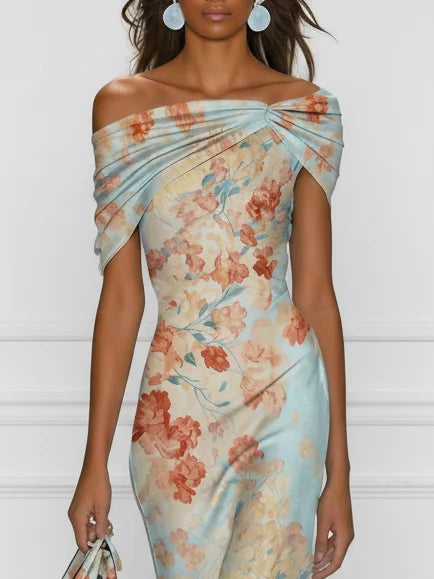 Vittoria - Vestido Midi Sirena Sin Mangas con Hombros Descubiertos y Estampado Floral Azul