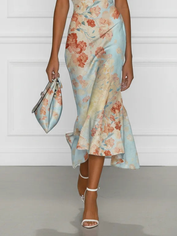 Vittoria - Vestido Midi Sirena Sin Mangas con Hombros Descubiertos y Estampado Floral Azul