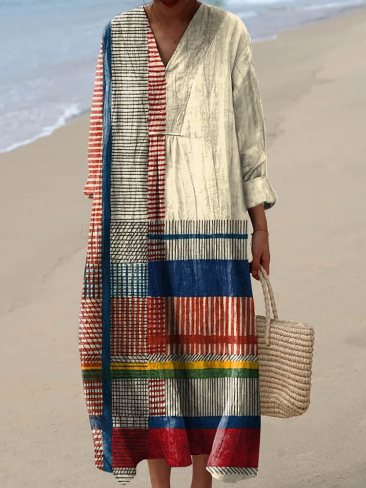 Vestido Retro con Arte de Líneas Geométricas para Mujer