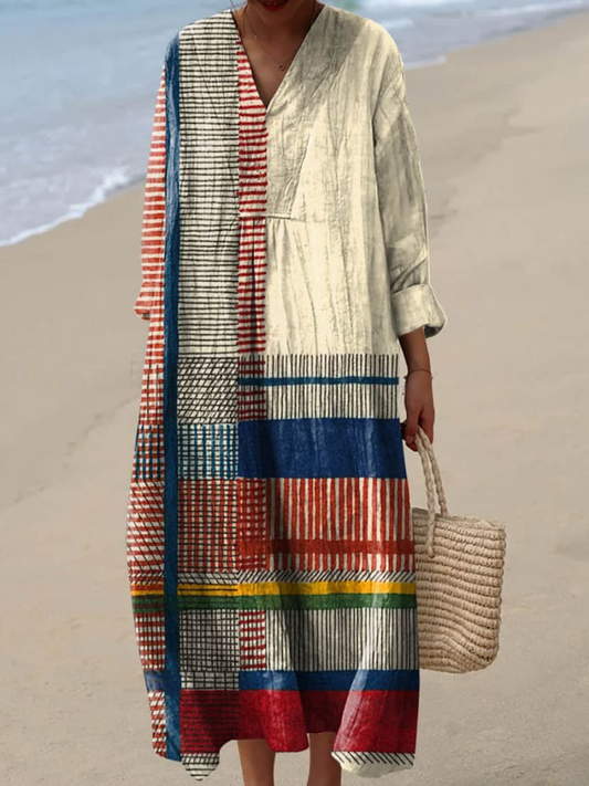 Vestido Retro con Arte de Líneas Geométricas para Mujer