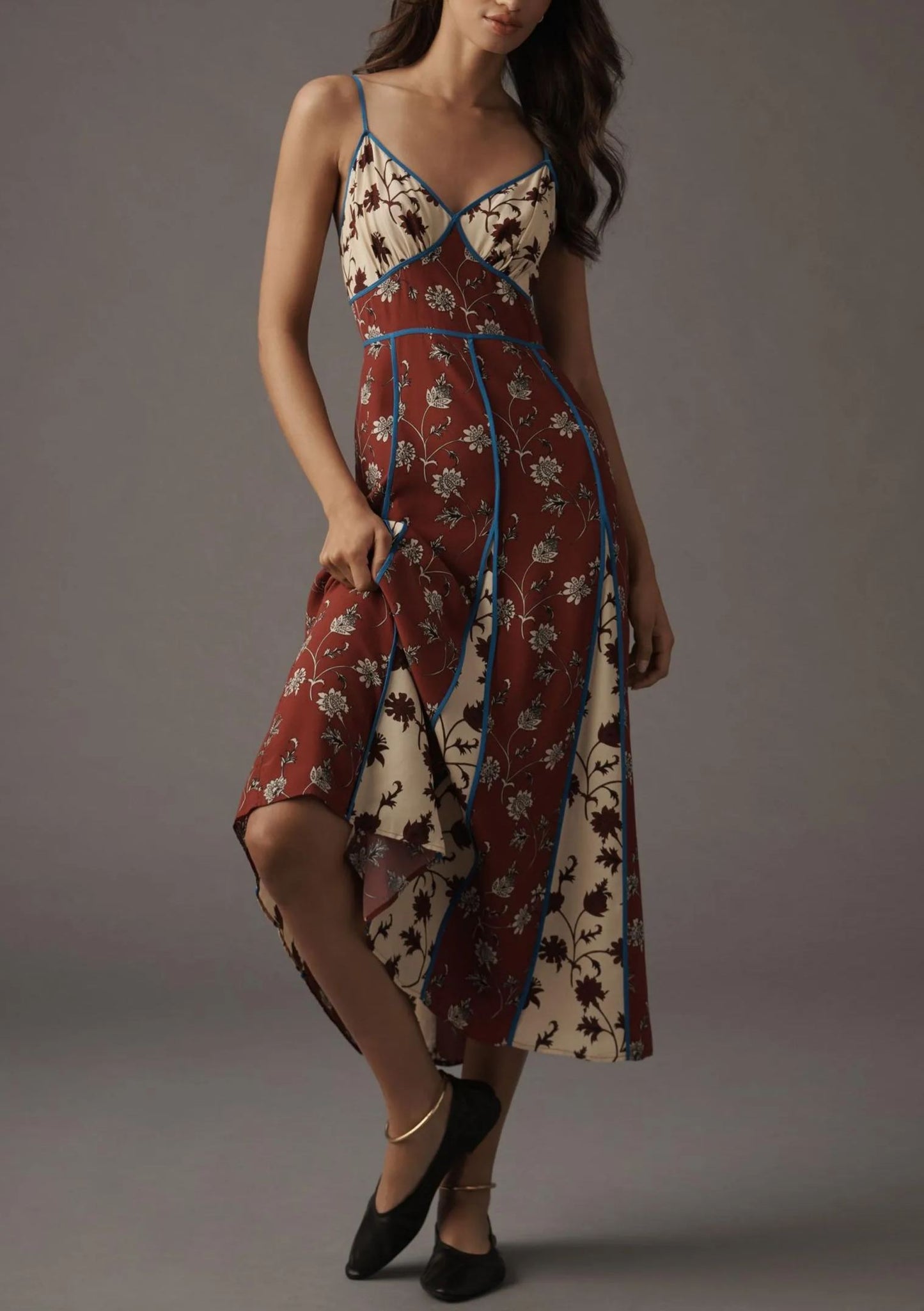 Vibrant Print Women's Midi Dress - V-Neck, Elegant