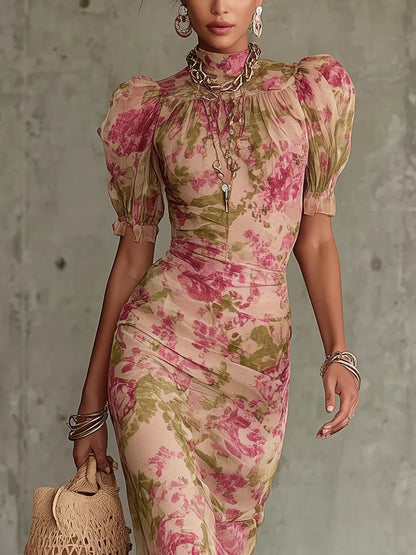 Maxi Vestido Vintage con Estampado de Rosas y Mangas Globo