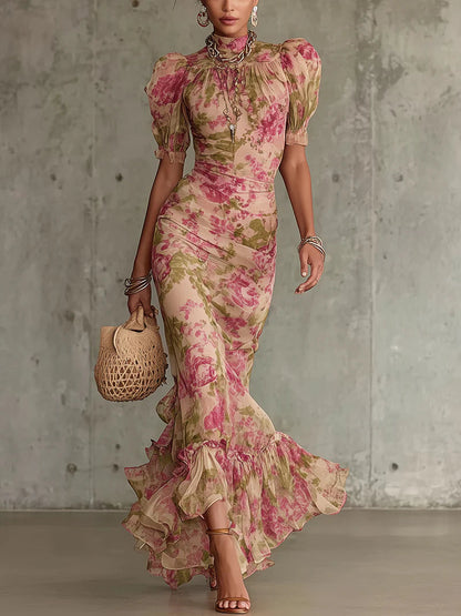 Fiora | Maxi Vestido Romántico Vintage con Mangas Globo y Rosas