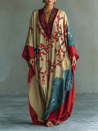 Vestido Maxi con Estampado de Flor de Ciruelo Rojo y Mangas Murciélago