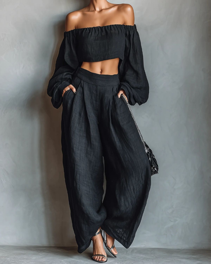 Conjunto de Top Negro Hombros Descubiertos de Manga Larga y Pantalón Ancho