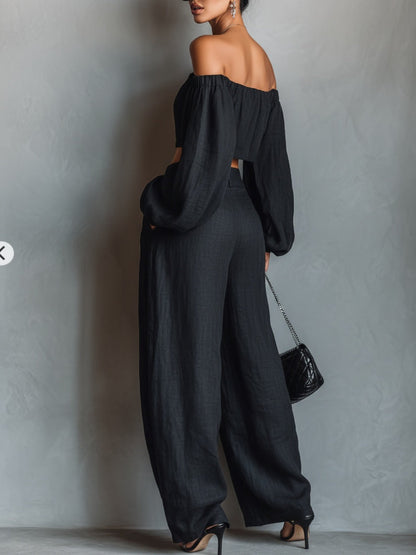 Conjunto de Top Negro Hombros Descubiertos de Manga Larga y Pantalón Ancho