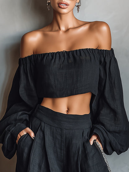 Conjunto de Top Negro Hombros Descubiertos de Manga Larga y Pantalón Ancho