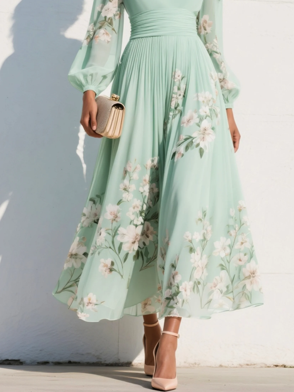 Maxi Vestido de Chiffon Plisado Verde Menta con Estampado Floral para Mujer