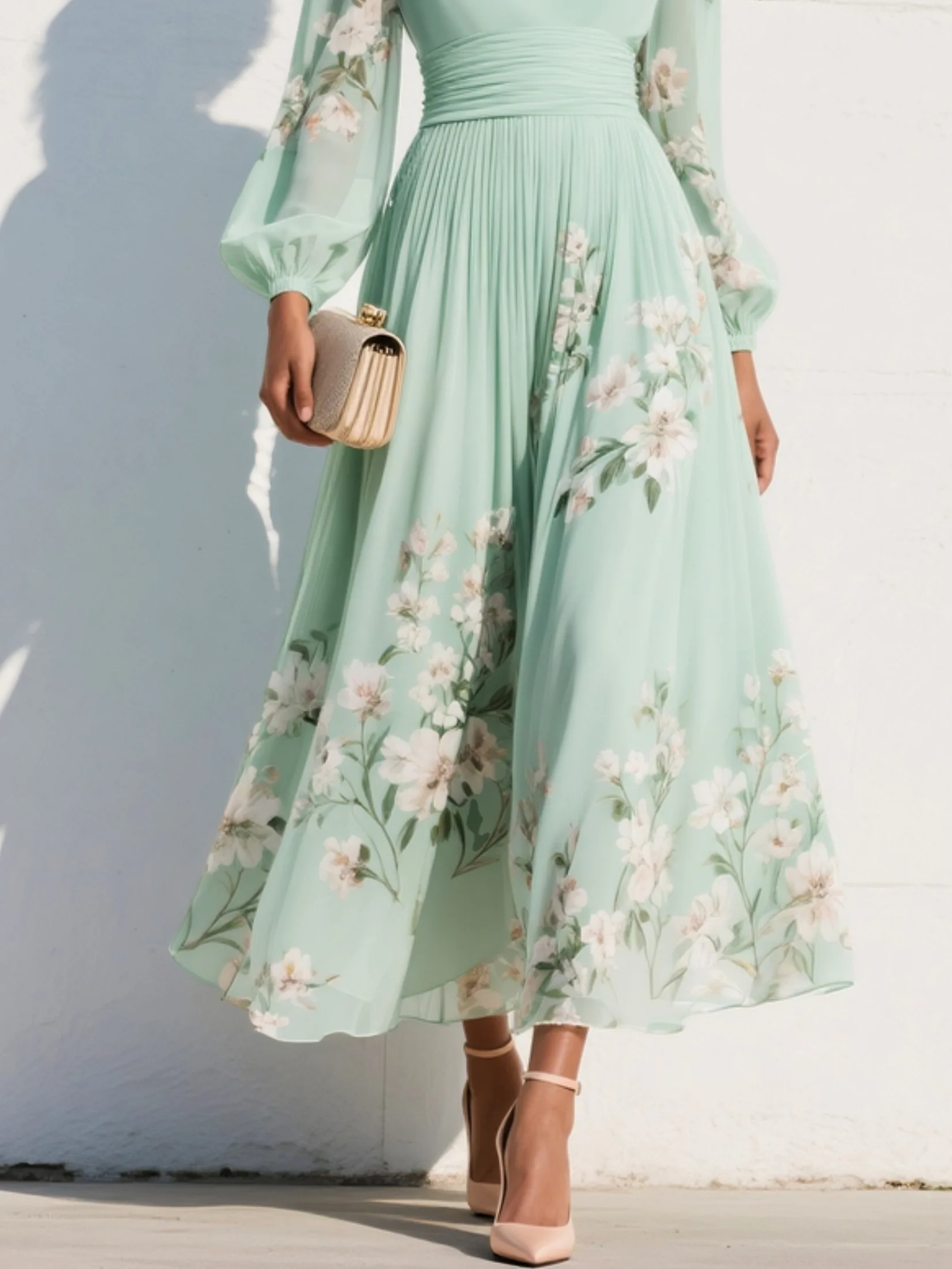 Maxi Vestido de Chiffon Plisado Verde Menta con Estampado Floral para Mujer