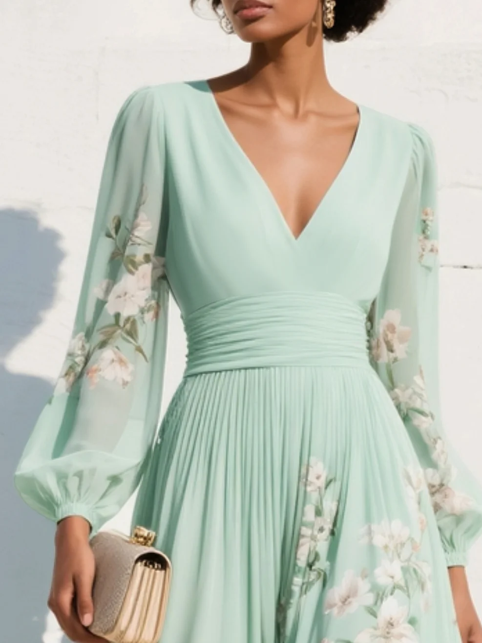 Maxi Vestido de Chiffon Plisado Verde Menta con Estampado Floral para Mujer