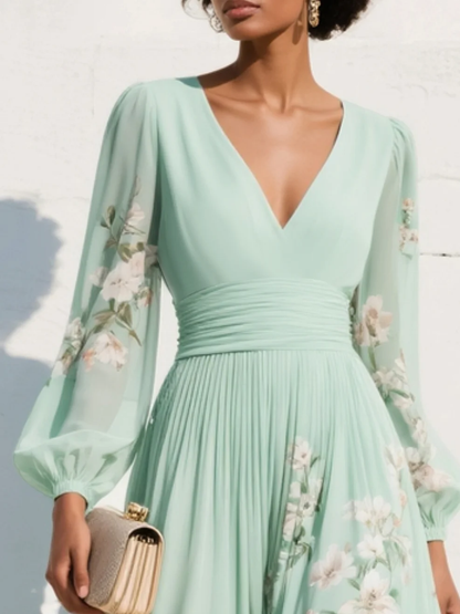 Maxi Vestido de Chiffon Plisado Verde Menta con Estampado Floral para Mujer