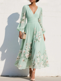 Maxi Vestido de Chiffon Plisado Verde Menta con Estampado Floral para Mujer