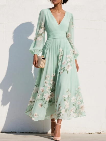 Maxi Vestido de Chiffon Plisado Verde Menta con Estampado Floral para Mujer